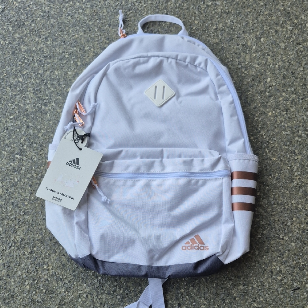 Adidas Kids White and Gray Backpack with Pink Accents